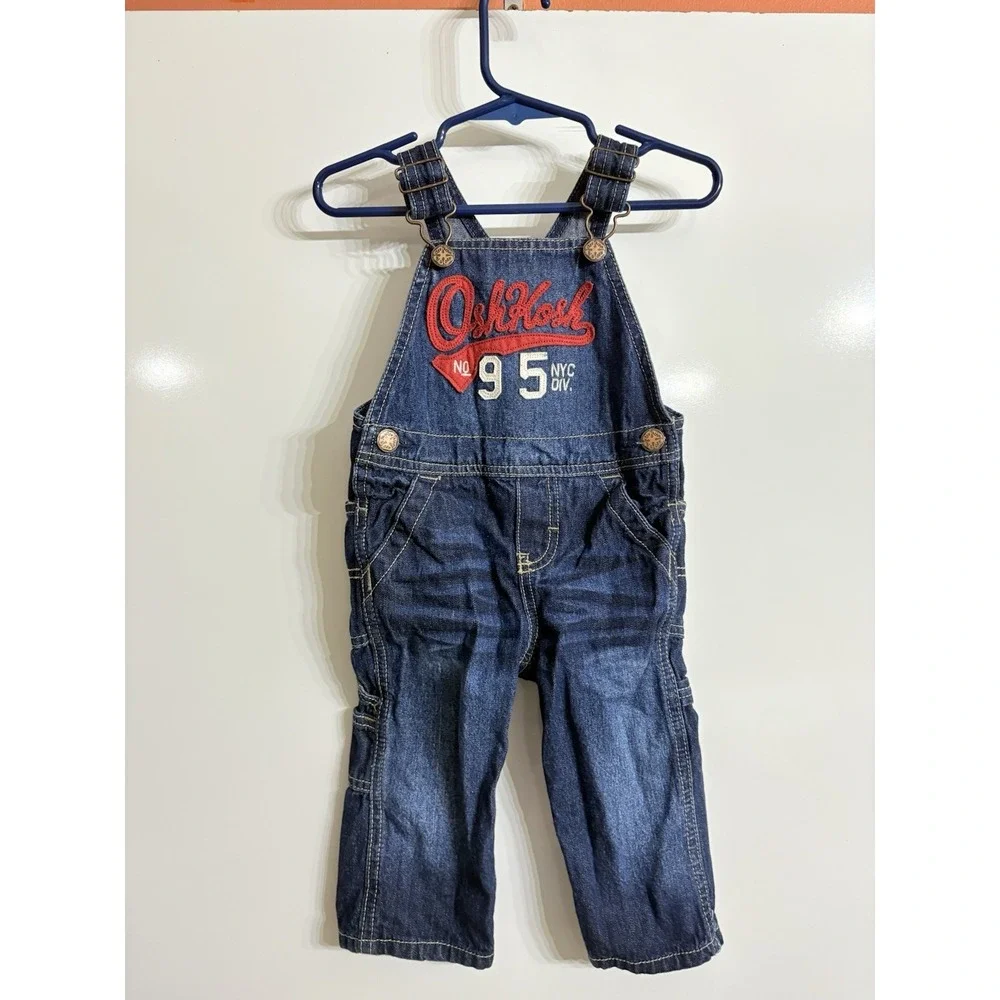 Oshkosh B'Gosh 12M Baby Boy Blue Denim Overalls Red White Logo‎